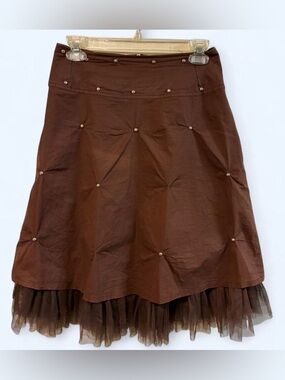 Angel Collections Brown Rivet Pleated Skirt with Tulle Trim - S